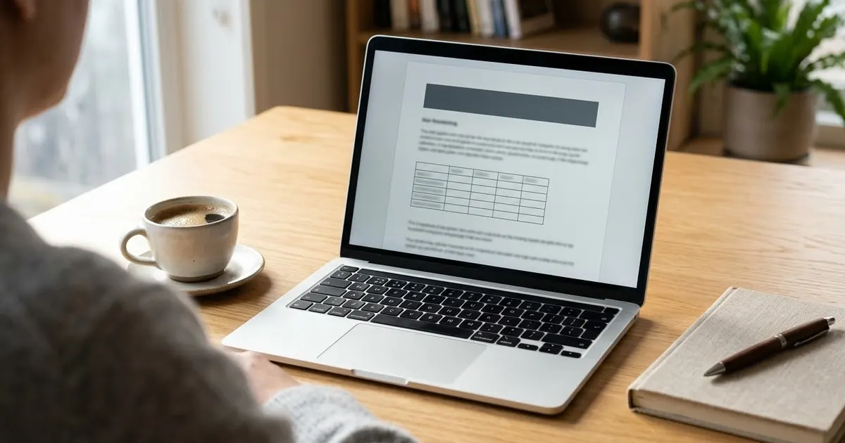 A laptop on a desk showing a simple document with a heading and a short table, next to a notebook and a cup of coffee