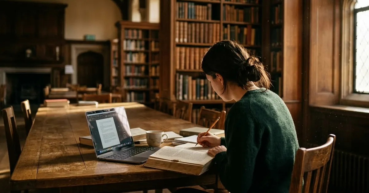 A person at a wooden desk in a quiet library reading a long printed document with a pencil, a laptop open beside them