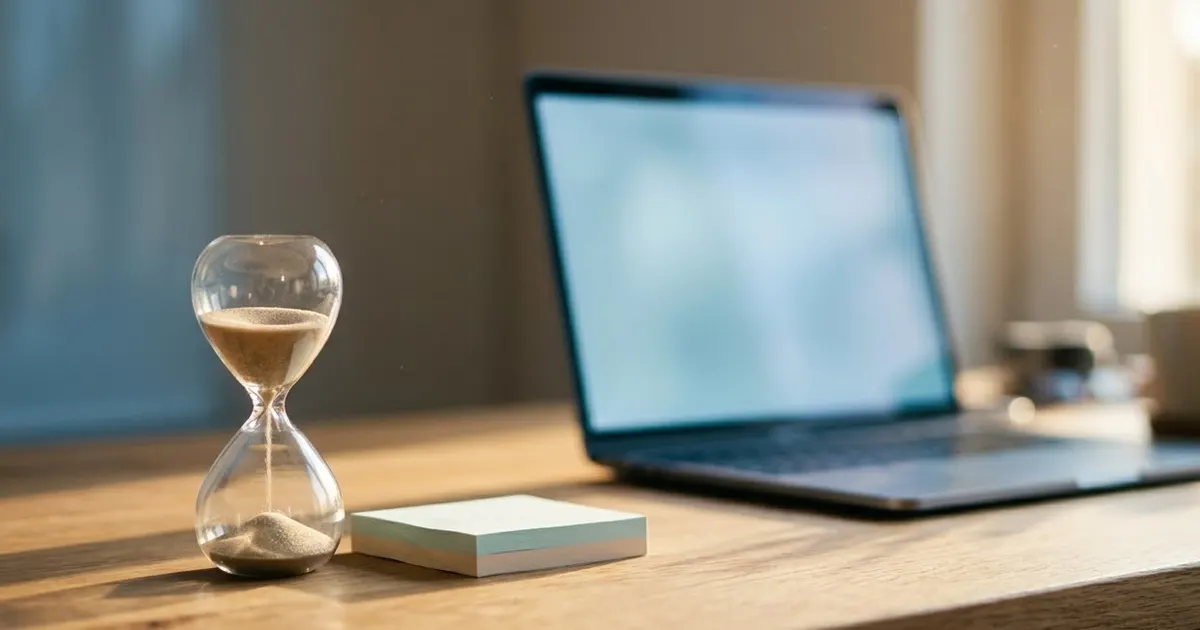 A glass hourglass with sand falling beside a pad of sticky notes on a wooden desk, with a laptop and a cup softly out of focus behind