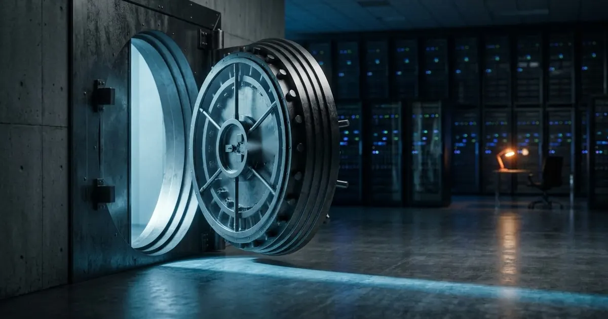A heavy steel vault door standing slightly open with soft blue light spilling out, in a quiet modern server room