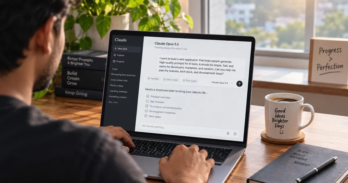 A person at a sunny desk typing a detailed request to Claude Opus 5.5 on a laptop