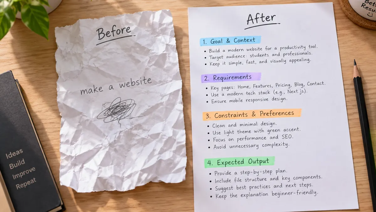 A crumpled note that only says "make a website" next to a neat sheet split into goal, requirements, constraints and expected output