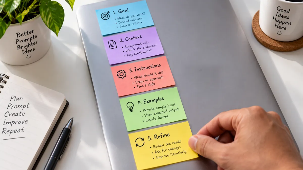 Five colour-coded sticky notes on a laptop lid labelled goal, context, instructions, examples and refine