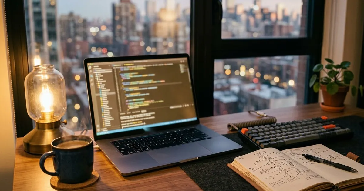 A developer's desk with a laptop showing a blurred code editor, a mechanical keyboard, a notebook with a hand-drawn flowchart and a cup of coffee, in warm evening light