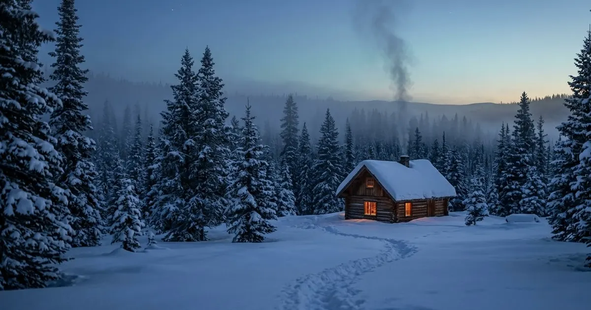 A small log cabin with glowing windows in a snowy pine forest at twilight, with a trail of footprints leading toward it