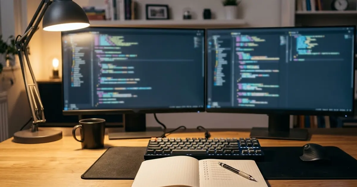 A desk with two monitors showing code in a dark editor, a keyboard, a lamp, and an open notebook with a checklist and a pen in the foreground