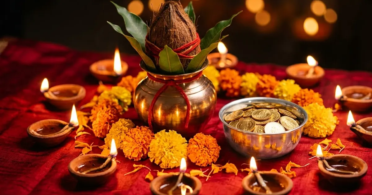 Gold coins, a small silver bowl and a new brass kalash on a red cloth, surrounded by lit clay diyas and marigold flowers
