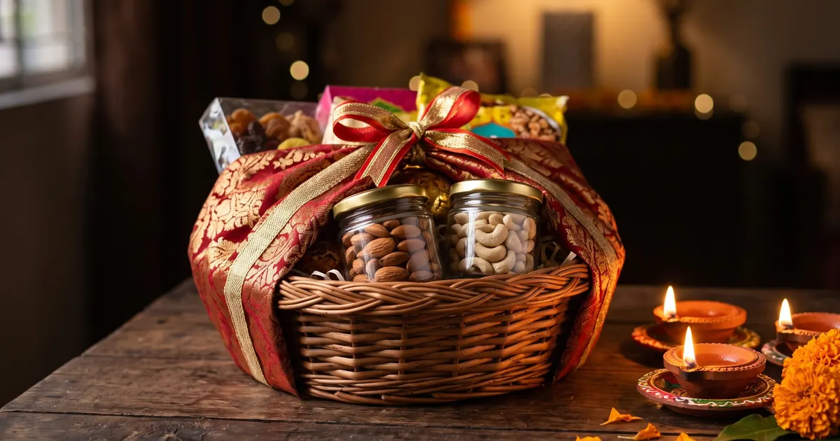 A Diwali gift hamper wrapped in gold and red cloth with a few clay diyas glowing beside it on a wooden table