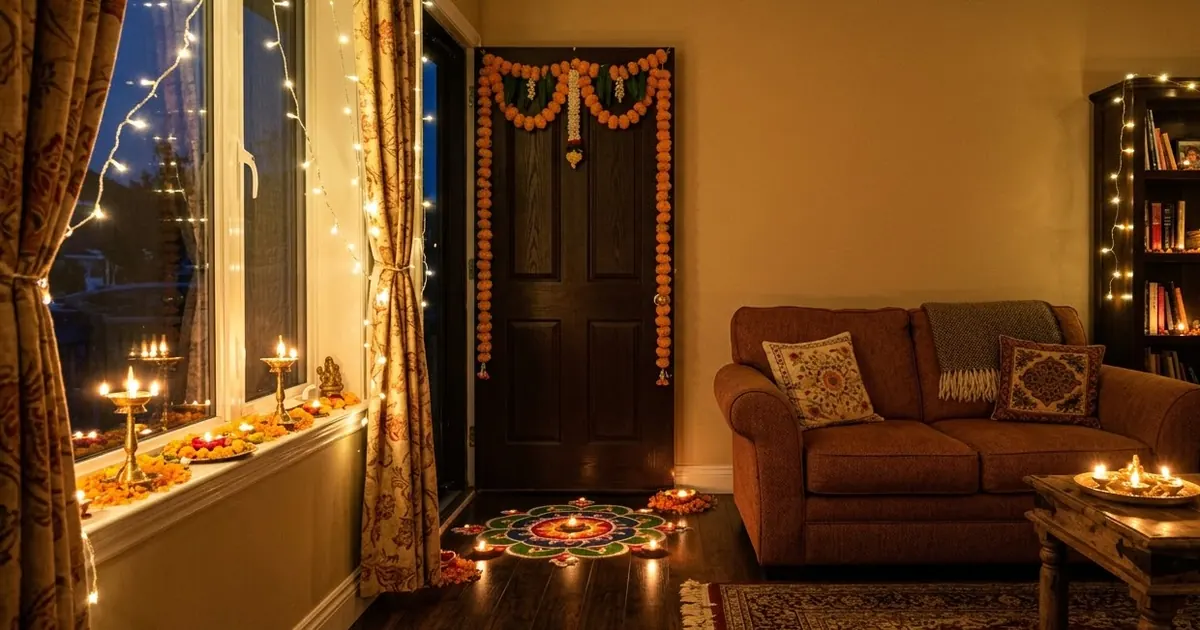 A living room decorated for Diwali with warm string lights, marigold torans, brass diyas and a small rangoli at the door