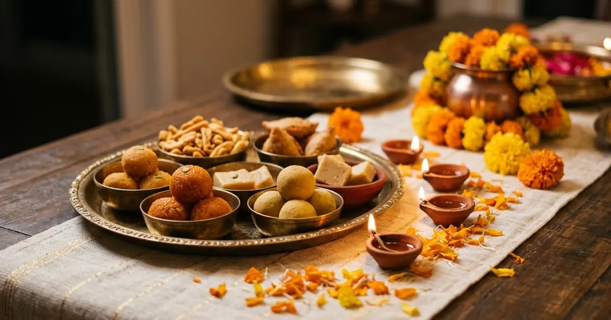 A festive dining table set for Diwali with brass plates, small bowls of sweets and snacks, marigold flowers and glowing clay diyas in warm light