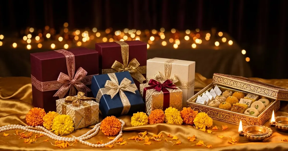 A festive product display of gift boxes and sweets on a gold cloth with diyas and marigolds, with empty space above for offer text