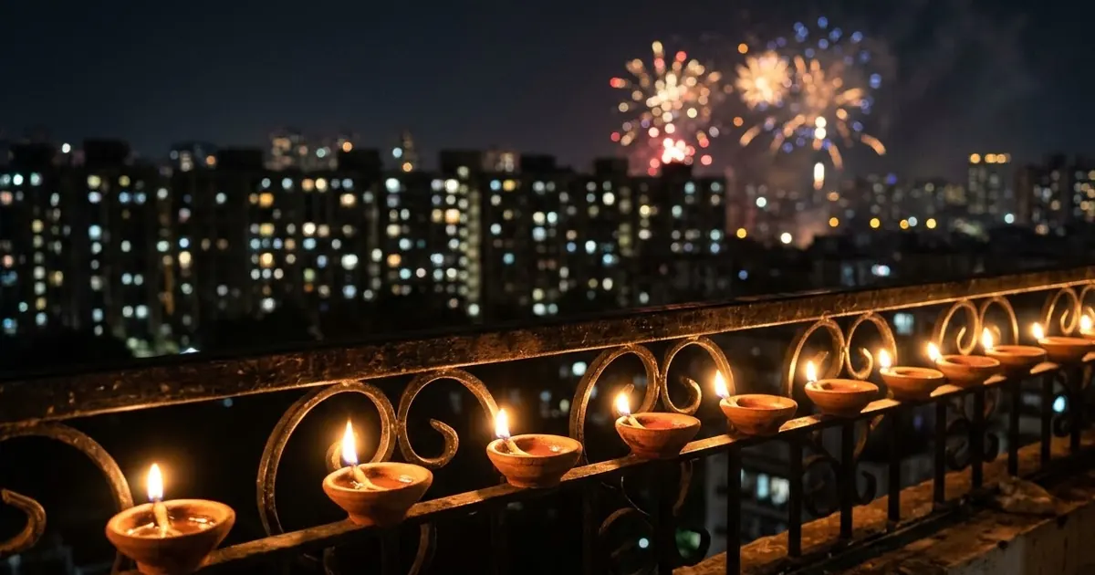 A row of lit clay diyas on a balcony railing at night with soft fireworks blurred in the sky behind