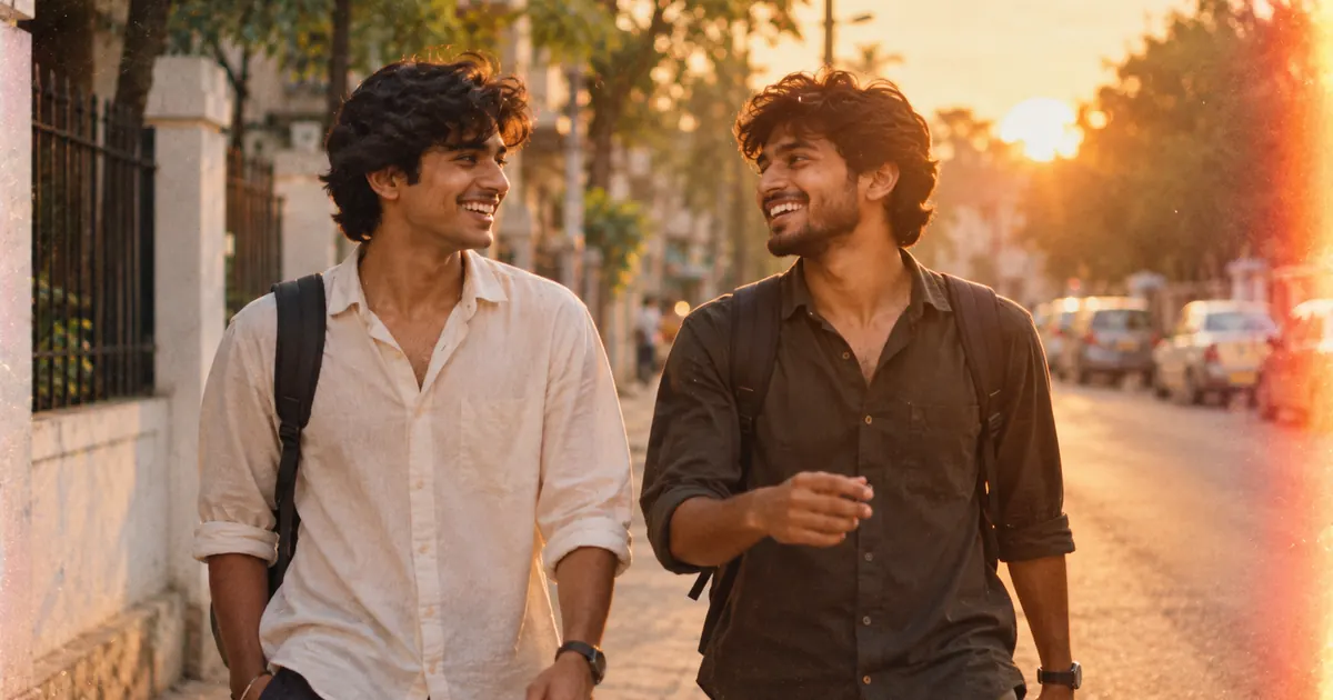 Two friends laughing on a city street at golden hour, in a photo with warm film grain, soft light leaks and faded colours