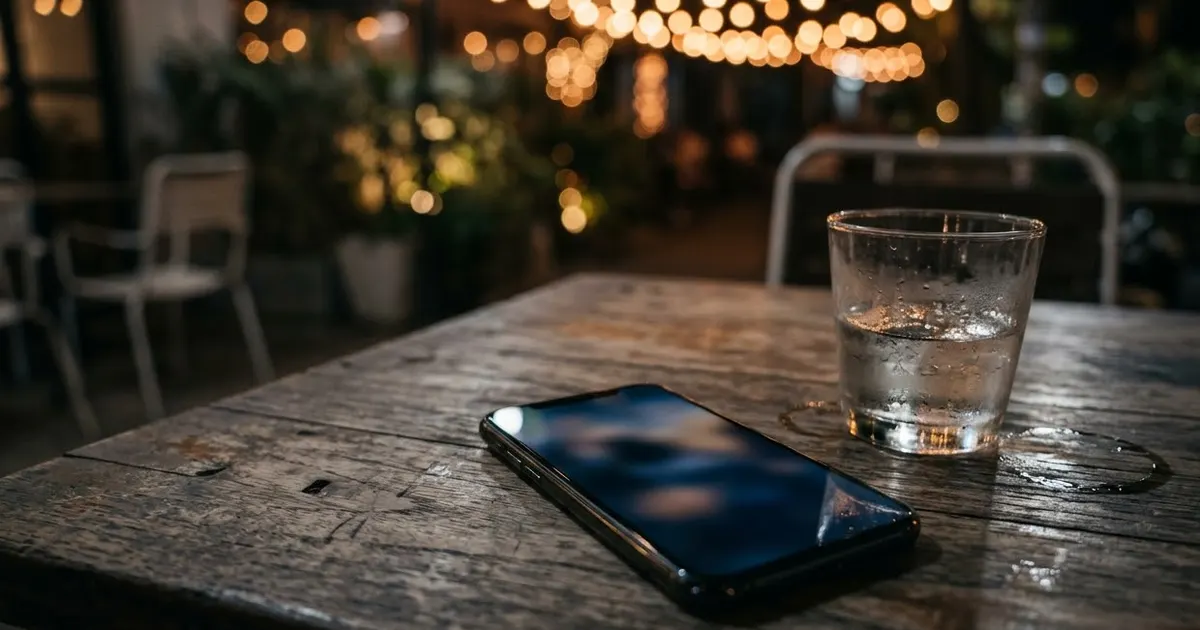 A phone lying on a wooden cafe table at night beside a glass of water, string lights blurred behind