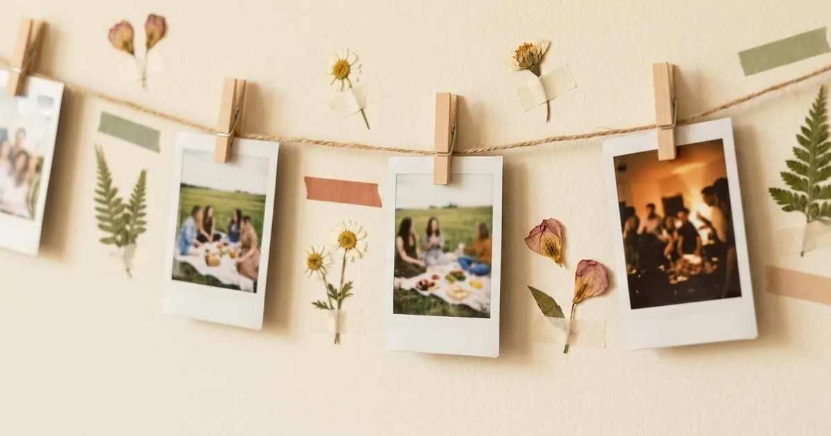 Instant photos of friends at a picnic and a party pegged on a string across a cream wall with pressed flowers