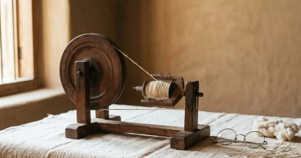 A wooden charkha and a pair of round spectacles on handwoven khadi cloth in soft morning light
