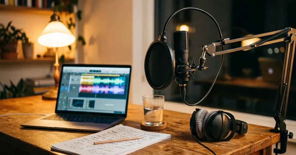 A small home recording setup with a microphone, headphones and a laptop on a wooden desk in warm evening light