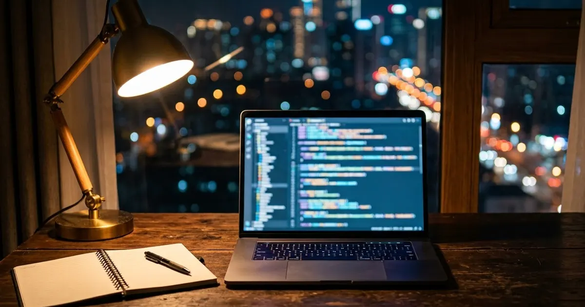 A laptop on a dark desk at night showing blurred lines of code, with a notebook and a desk lamp beside it