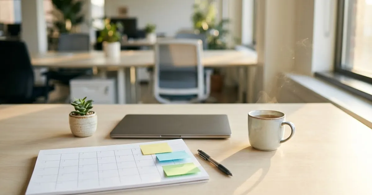 A sunlit desk with an open paper planner covered in blank coloured sticky notes, a pen, a small plant and a closed laptop
