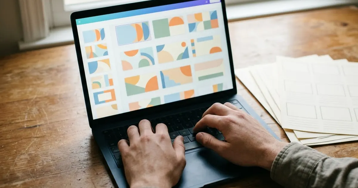 Hands typing on a laptop that shows a grid of colourful slide thumbnails, beside printed storyboard sheets on a wooden desk