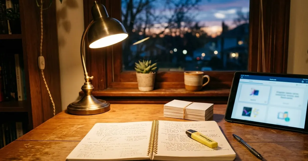 A student's desk with an open notebook of handwritten notes, a stack of index cards, a highlighter and a tablet, lit by a desk lamp in the evening
