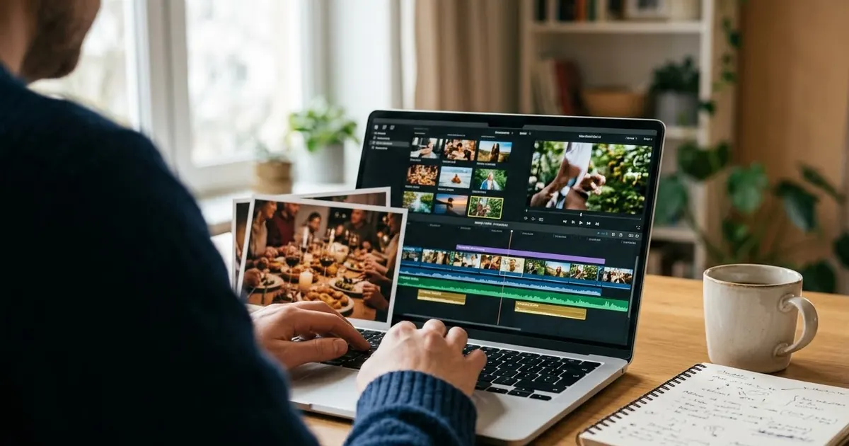 A person at a laptop reviewing a short AI-generated video clip next to a printed storyboard with two reference photos
