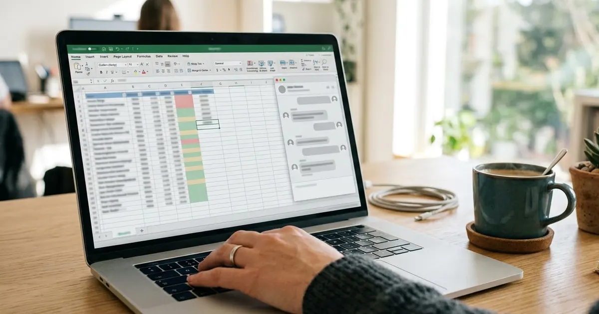 A laptop on a desk showing a spreadsheet with a small chat panel floating over it, a hand on the keyboard and a coffee mug nearby