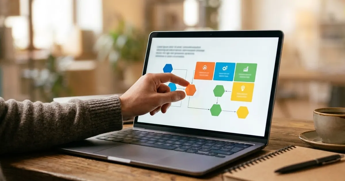 A hand touching one coloured shape on a laptop screen showing a presentation slide with a simple diagram, beside a coffee cup and notebook on a wooden desk