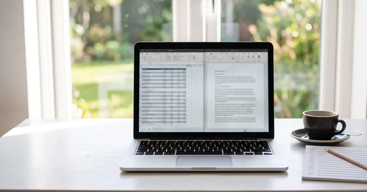 A laptop on a desk showing a blurred spreadsheet and a document side by side, with a coffee cup and a notepad of handwritten ticks