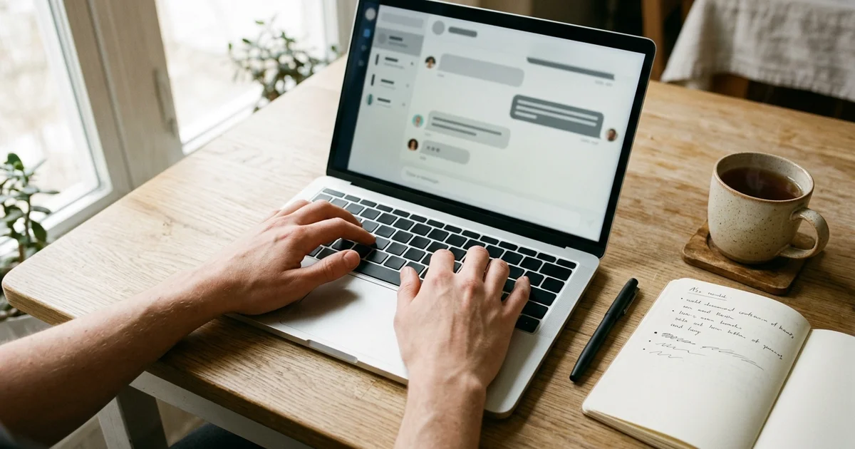 A person at a kitchen table typing a clear, structured request into ChatGPT on a laptop, with handwritten notes beside it
