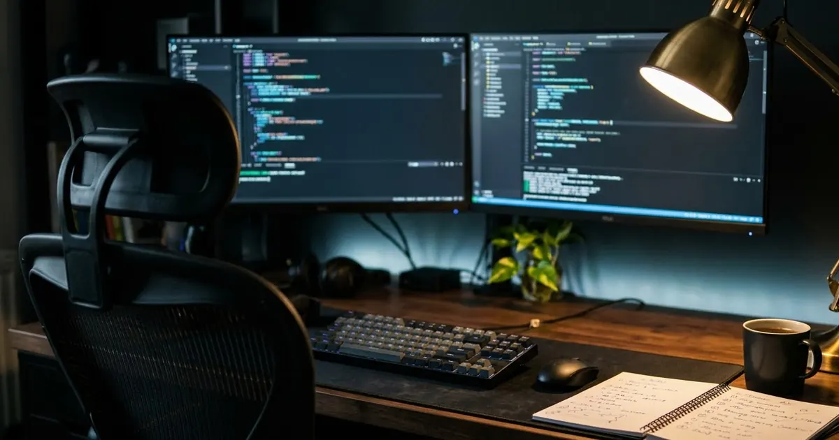 A developer's desk at night with two monitors showing blurred code and a notebook with a handwritten task plan