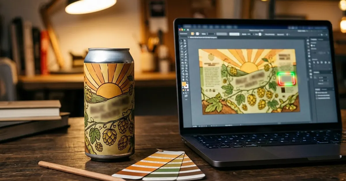 A craft beer can label design on a desk next to a laptop showing an edit of just the label's text