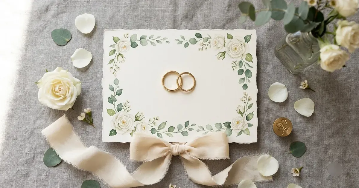 A cream wedding invitation card with a leaf border and two gold rings, tied with a ribbon, on grey linen with white petals and a rose