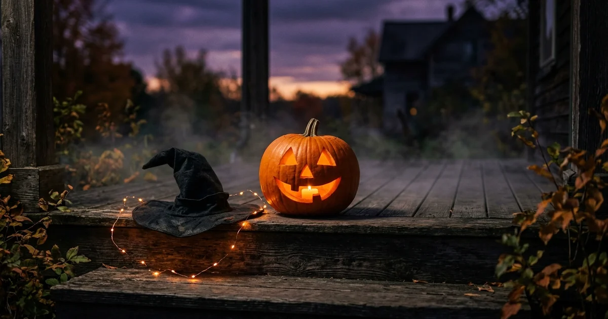 A carved pumpkin glowing on wooden porch steps at dusk, with a witch's hat and a string of small orange lights beside it