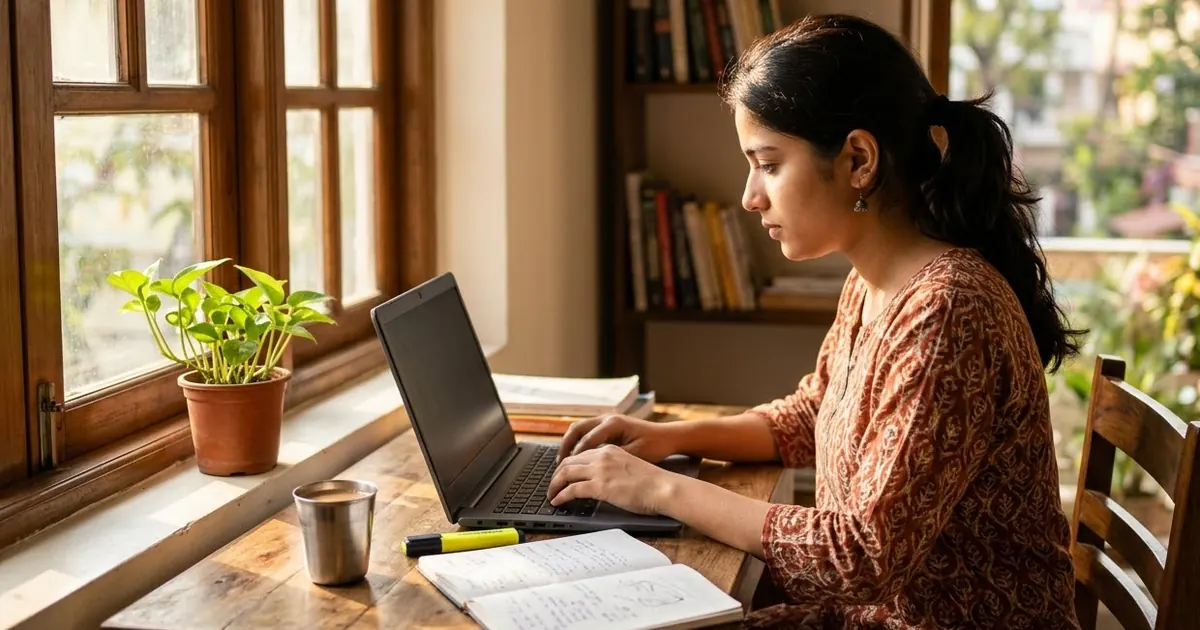 A student at a sunny desk by a window typing a request into a laptop, with a notebook, a cup of chai and a highlighter beside it