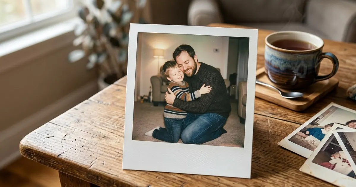 An adult and a small child hugging in a softly lit room, printed as an instant photo resting on a wooden table