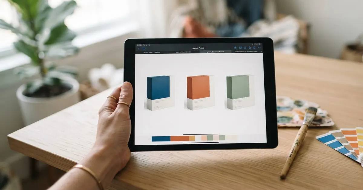 A hand holding a tablet showing the same product design through several small edits, with colour swatches and a paintbrush beside it