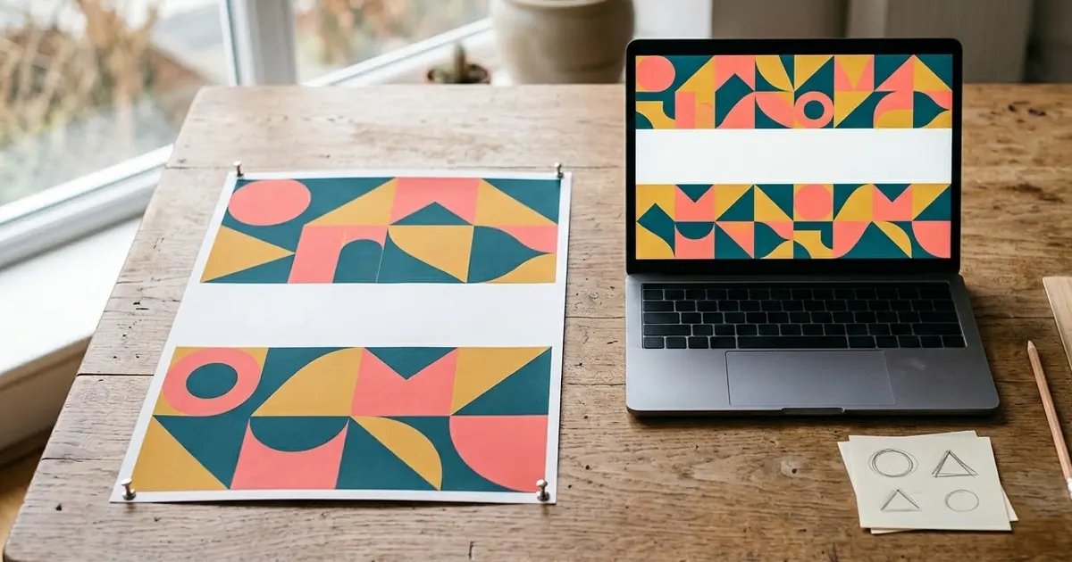 A printed geometric poster in coral, teal and mustard pinned to a wooden desk beside a laptop showing the same design, with a pencil, a ruler and small logo sketches