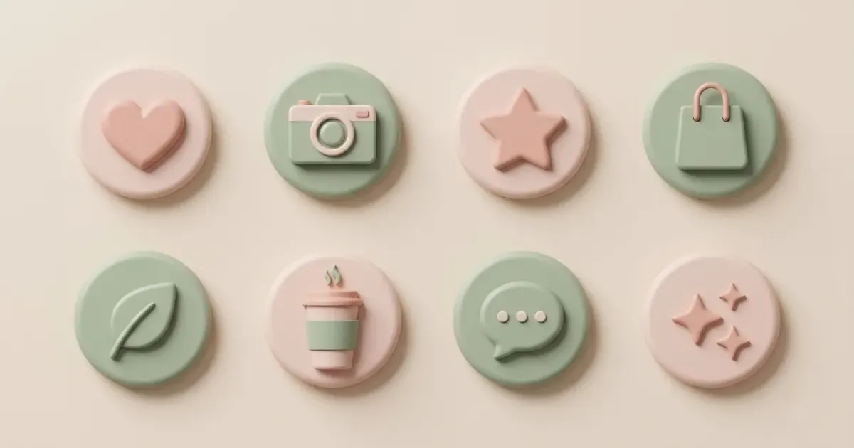 Eight round pastel icons in blush pink and sage green, including a heart, a camera, a star, a shopping bag, a leaf, a cup and a speech bubble, on a soft pink background
