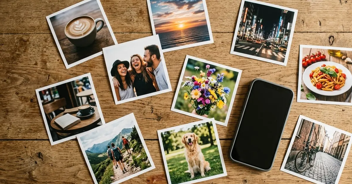 Several printed square photos of coffee, a sunset, friends and a street scene spread across a wooden table next to a phone