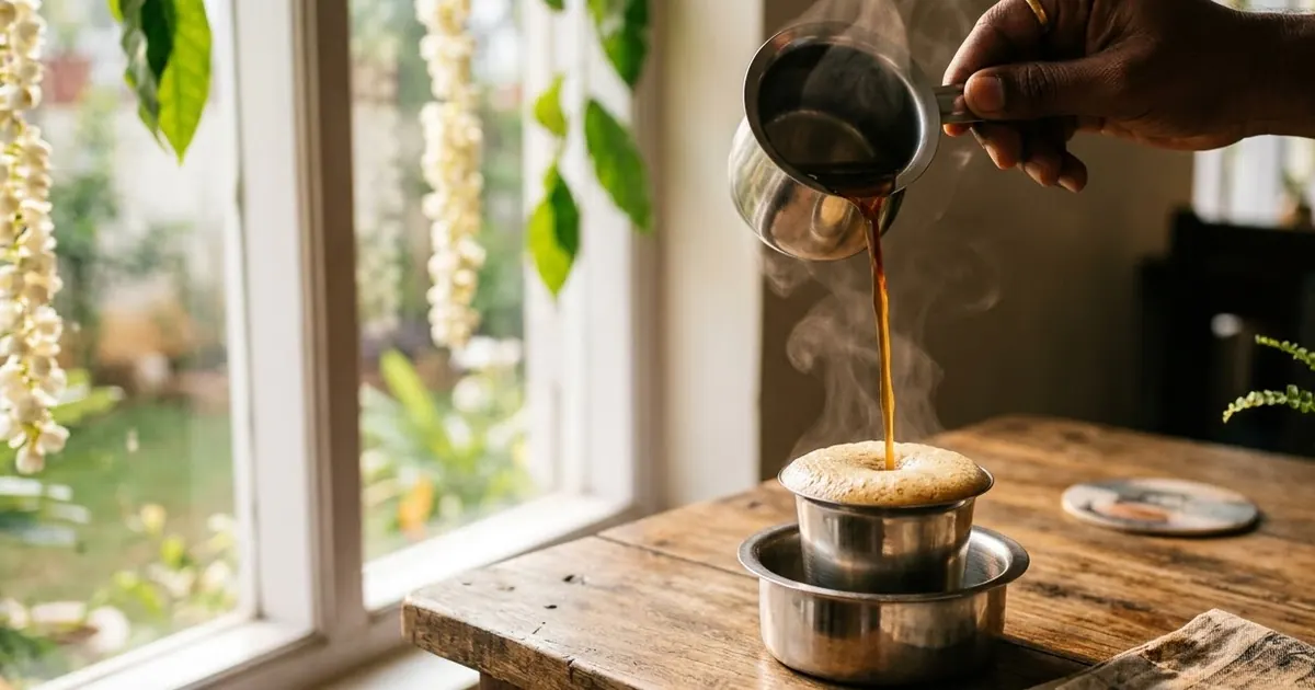 A steaming cup of filter coffee in a steel tumbler and dabarah on a wooden cafe table beside a sunlit window