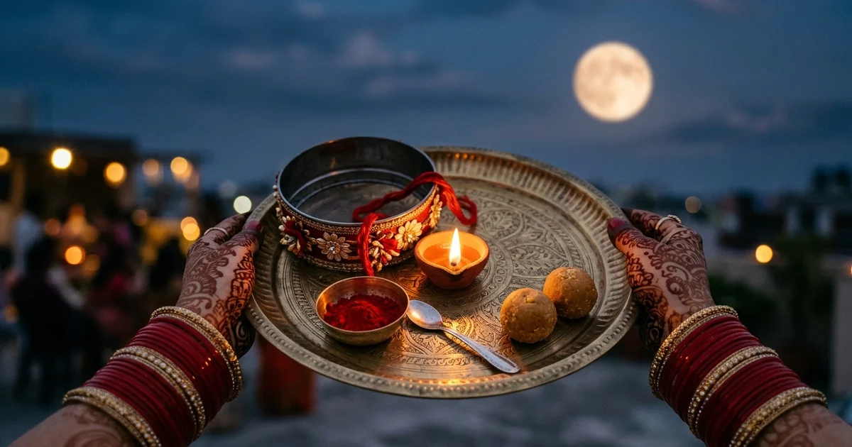 Hennaed hands holding a decorated brass thali with a small lit diya and a sieve, with a rising full moon softly blurred behind