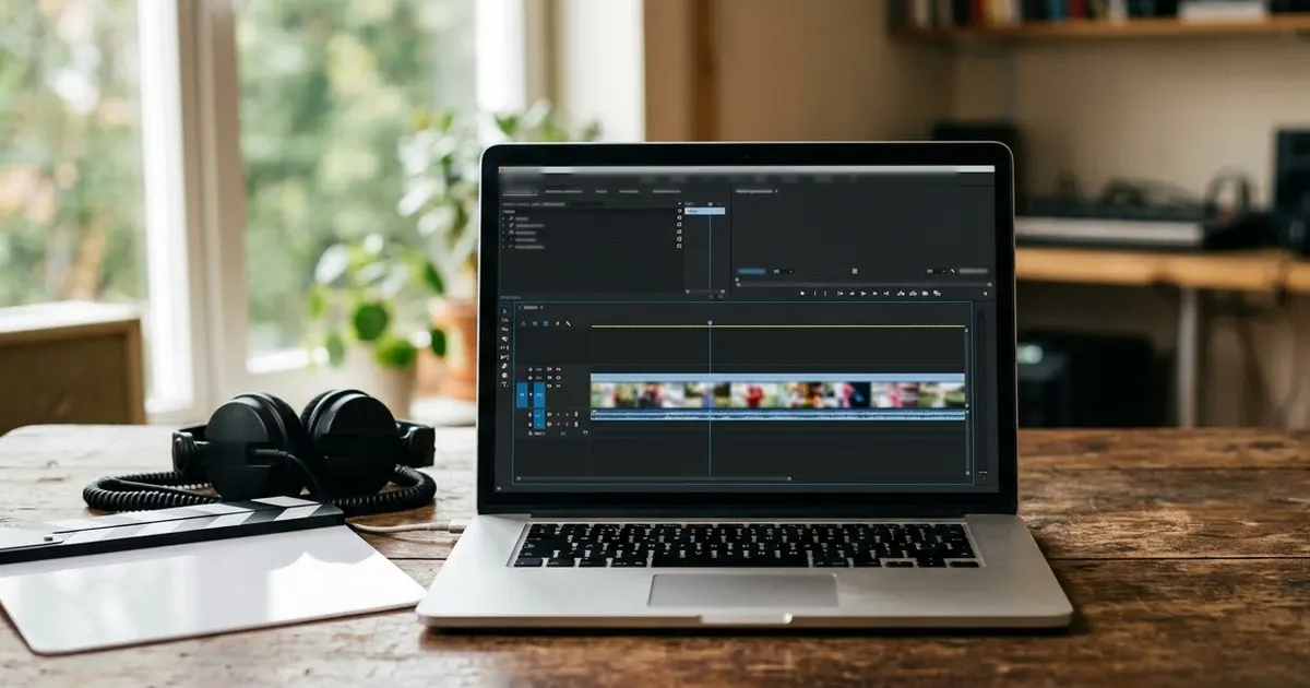A laptop on a wooden desk showing a video editing timeline of small frames, with headphones and a film clapperboard beside it