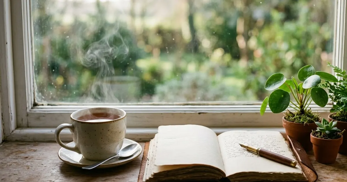 A quiet morning scene of a cup of tea, an open journal and a pen on a windowsill with plants, soft daylight