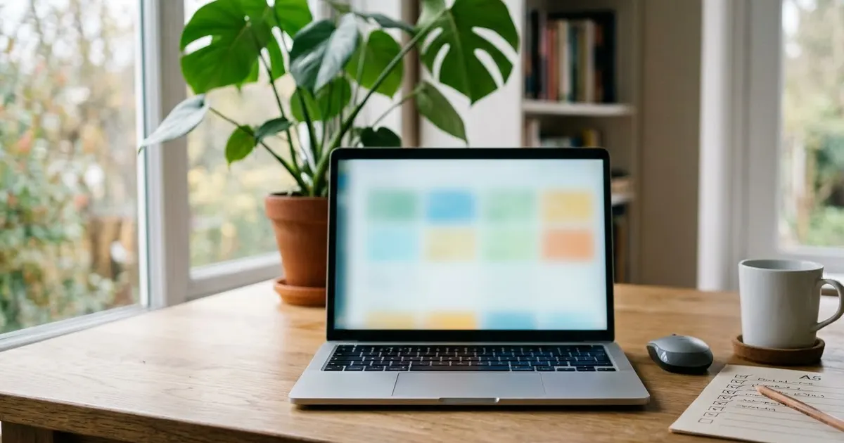 An office desk with a laptop showing a blurred dashboard of coloured tiles, a printed checklist and a mug, in soft daylight