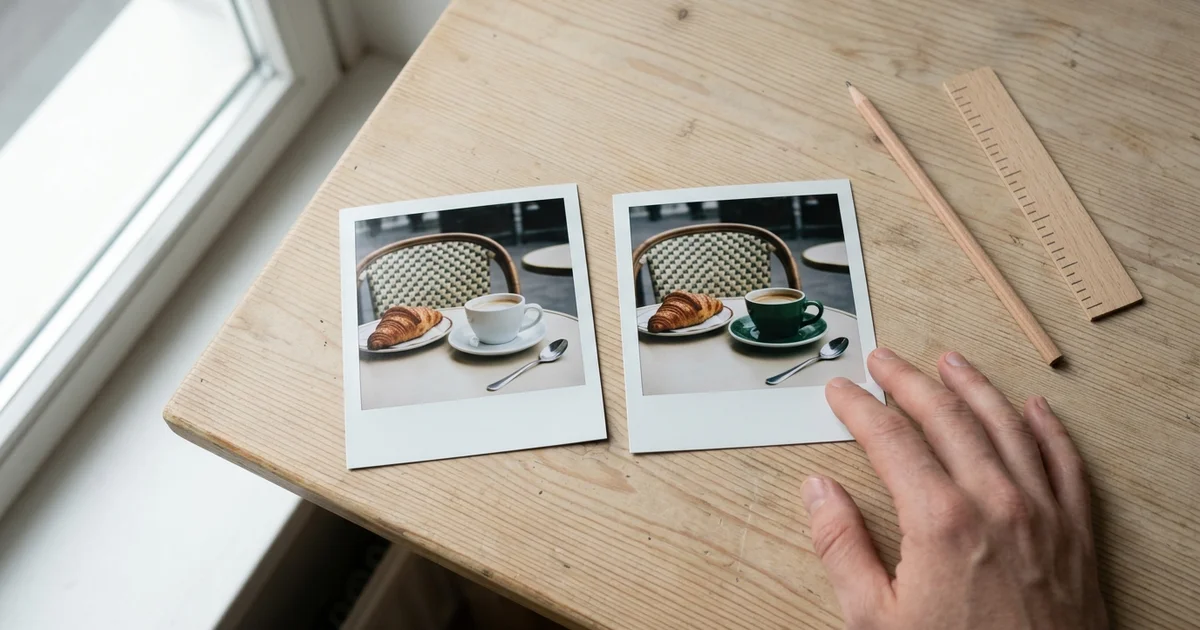 A hand holding a printed photo of a cafe table next to a second print where only the cup has changed colour
