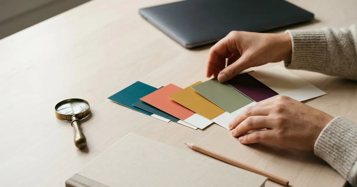 Two hands arranging blank colour swatch cards in a row on a pale desk, with a small brass magnifying glass and a sketchbook beside them