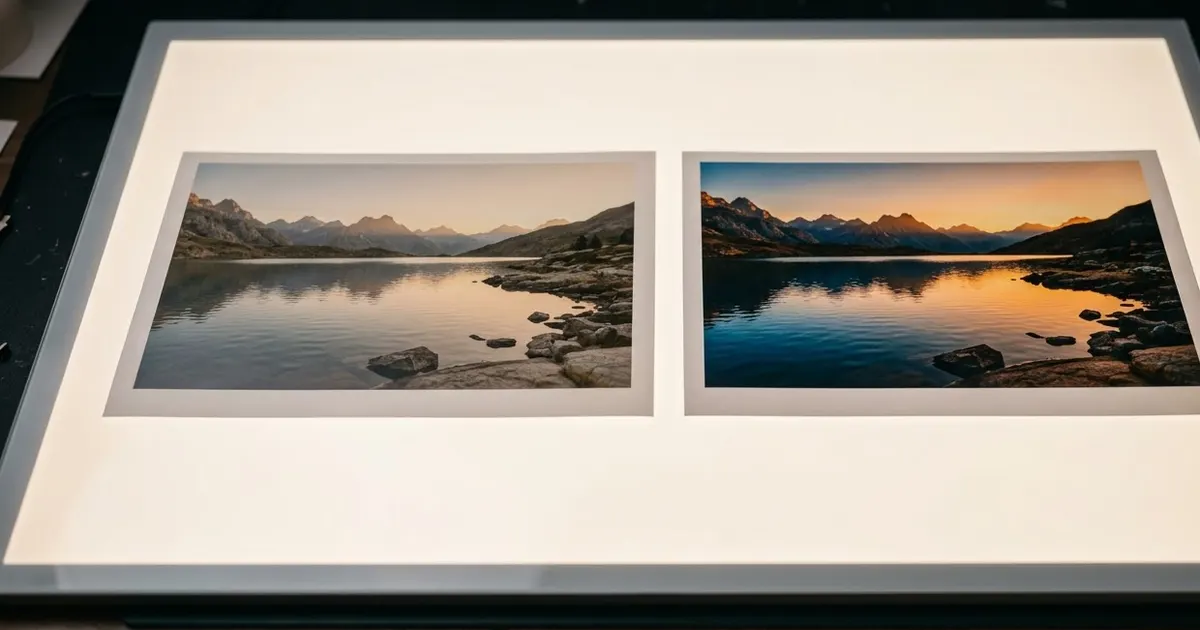 Two versions of the same printed photo side by side on a lightbox, one plain and one with a bolder, more stylised colour grade