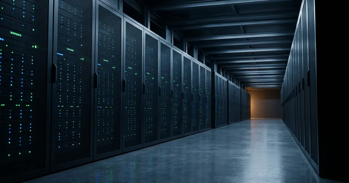 A neat server-room style rack with rows of small green indicator lights, seen in a calm blue-lit corridor with nobody in the picture
