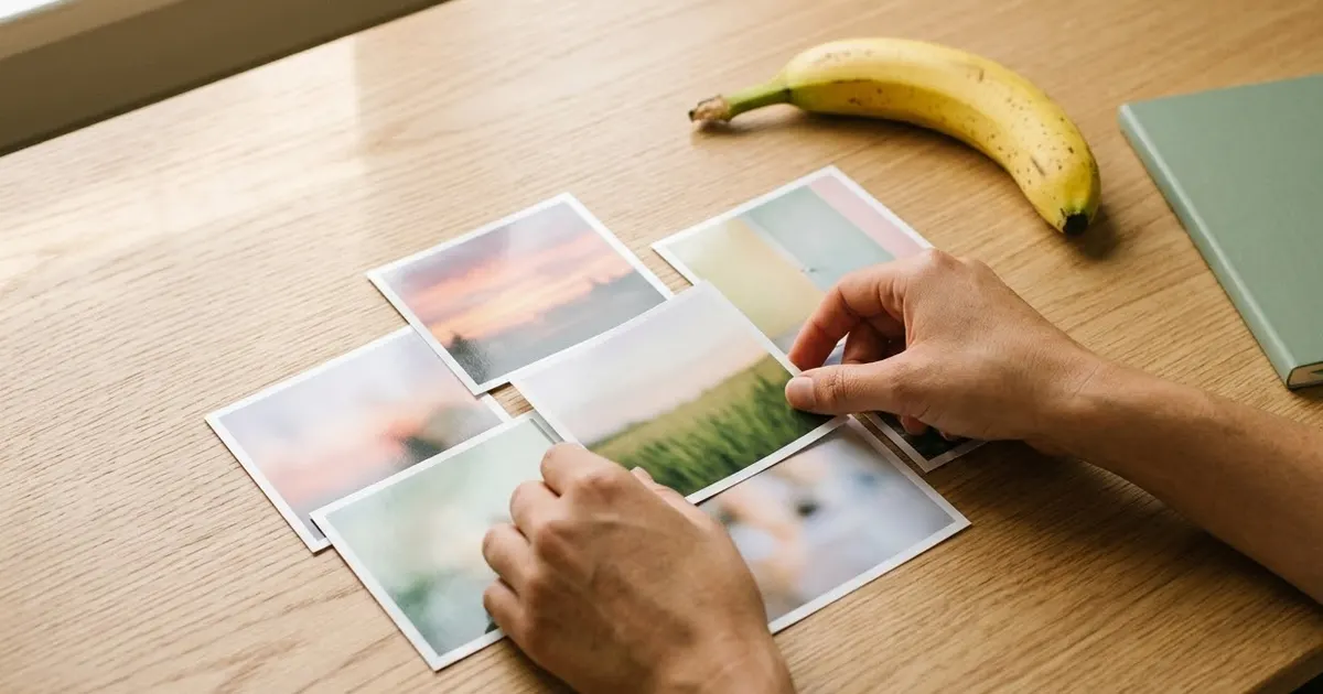 Two hands arranging six small printed photographs into a collage on a light oak desk, with a banana and a closed green notebook beside them